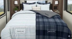 An illustration of a versatile, all-season RV bedding set featuring a reversible design with a lightweight side for summer and a warmer side for colder months.