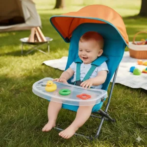 Overhead shot of the removable, dishwasher-safe activity tray attached to the baby camping chair.