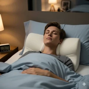 An image showing a person sleeping on their back, using a pillow that provides proper neck support to prevent aches.