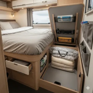 Clever bedding storage solutions in a small RV, showcasing a vacuum-sealed bag for space saving.