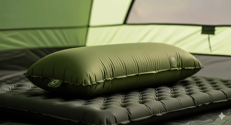 A close-up shot of a lightweight, inflatable air pillow designed for camping, resting on a sleeping pad inside a tent. best air pillow for camping