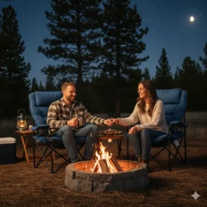 Best double camping chairs with cup holders, showing two happy people sitting comfortably by a campfire.