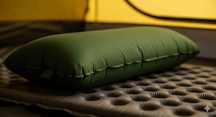 A close-up shot of a durable, inflatable camping pillow on a sleeping pad inside a tent.