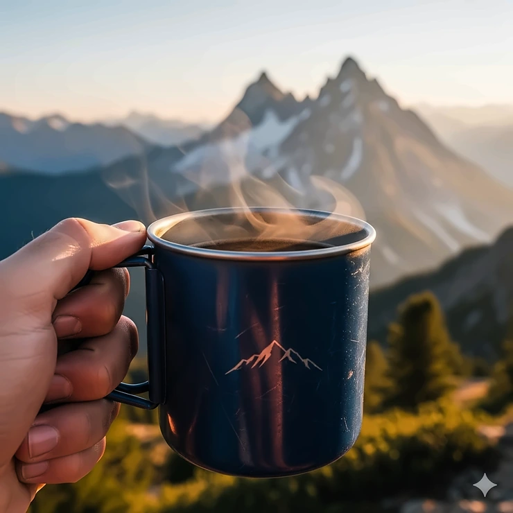 A close-up shot of a steaming mug of instant coffee being held in a camper's hand against a beautiful mountain backdrop. best instant coffee for camping