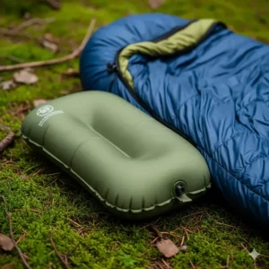 A close-up shot of a durable, inflatable camping pillow on a mossy forest floor next to a sleeping bag, highlighting its compact size and rugged design.