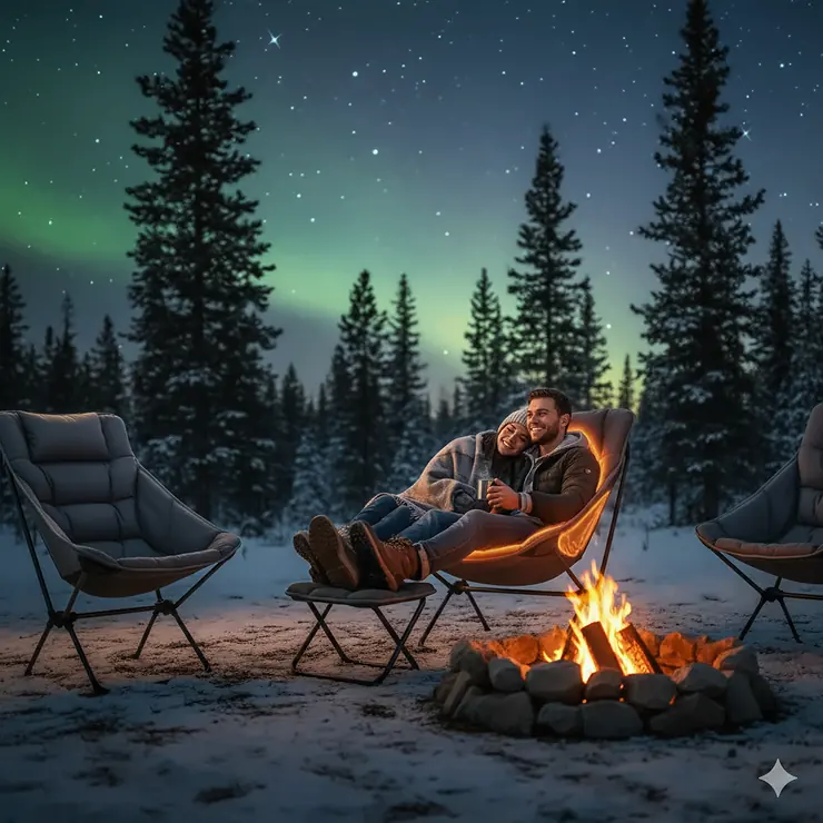 A couple relaxing comfortably in an oversized, padded heated camp chair at a campsite on a chilly evening.