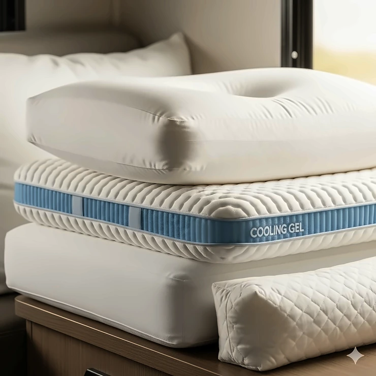 A close-up of a stack of the best RV pillows, showcasing various sizes and materials perfect for a comfortable night's sleep on the road.