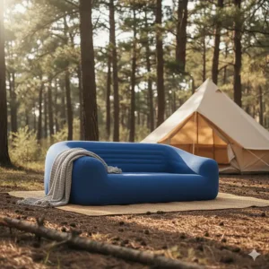 Vibrant blue model of the portable camping sofa offering an alternative color option.