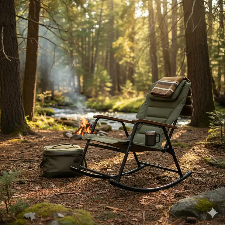 Durable camp chair rocker in a forest clearing for comfortable outdoor relaxation.