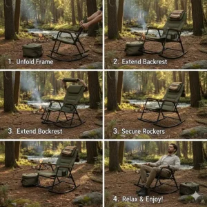 Step-by-step graphic illustrating how quickly and easily the camp chair rocker sets up.