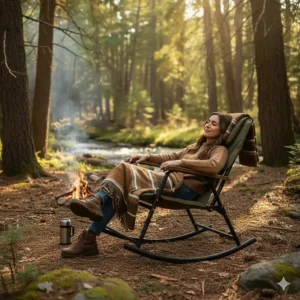 Person relaxing in the high-back camp rocking chair, demonstrating the padded headrest and arm support.