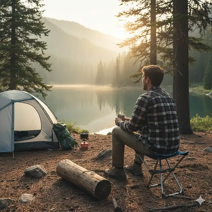 A person sits comfortably on a lightweight, portable camp stool at a scenic campsite by a lake. The folding design of the stool makes it easy to transport and set up for outdoor adventures. camp stools folding