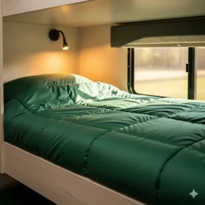 A lightweight, plush comforter perfectly sized for a camper bunk, providing warmth without taking up much space.