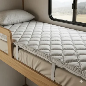 A soft, quilted mattress pad for a camper bunk, adding extra comfort and protection to the mattress.
