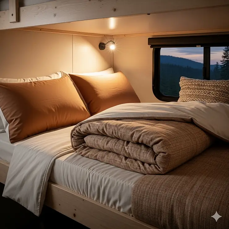 A cozy, complete bedding set with pillows, comforter, and sheets on a camper bunk bed, ready for a comfortable night's sleep.