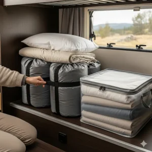 A practical image showing how to neatly store camper bunk bedding in a small space, using a compression bag or storage container.