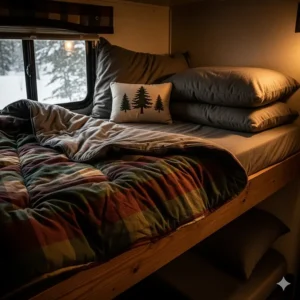 Thick, insulated bedding for a camper bunk, featuring flannel sheets and a heavy comforter for cold-weather camping.