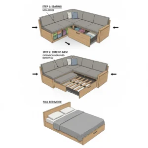 A step-by-step visual guide on how a camper couch transforms into a comfortable bed for sleeping, demonstrating the pull-out or fold-down mechanism.