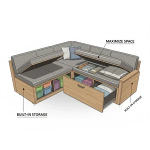 Diagram illustrating a camper couch with built-in storage compartments underneath the cushions, showing how to maximize space in a small van.