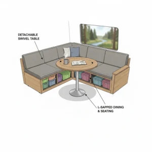 A camper van interior with a comfortable L-shaped couch and a detachable swivel table in the center, perfect for dining or working.