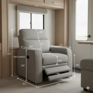 Technical illustration showing detailed dimensions and measurements for a small wall-hugger camper loveseat recliner, essential for RV installation.