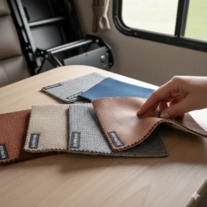 Swatches of popular fabric and color options (like Suprima Leather and cloth) for camper loveseat recliners, showing material texture and durability.