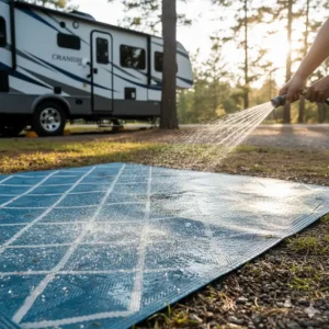A waterproof and mildew-resistant camper mat being hosed down to show how easy it is to clean.