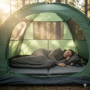 A happy camper is comfortably sleeping inside a tent on top of a gray camping foam mat.