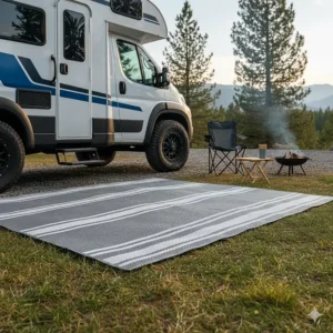A stylish, gray and white striped outdoor carpet, made from woven polypropylene, laid out in front of a modern camper van parked at a scenic campsite.