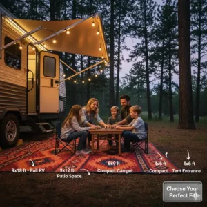 A graphic illustrating different sizes of a camper outdoor rug to help users choose the right fit for their RV or camper van.