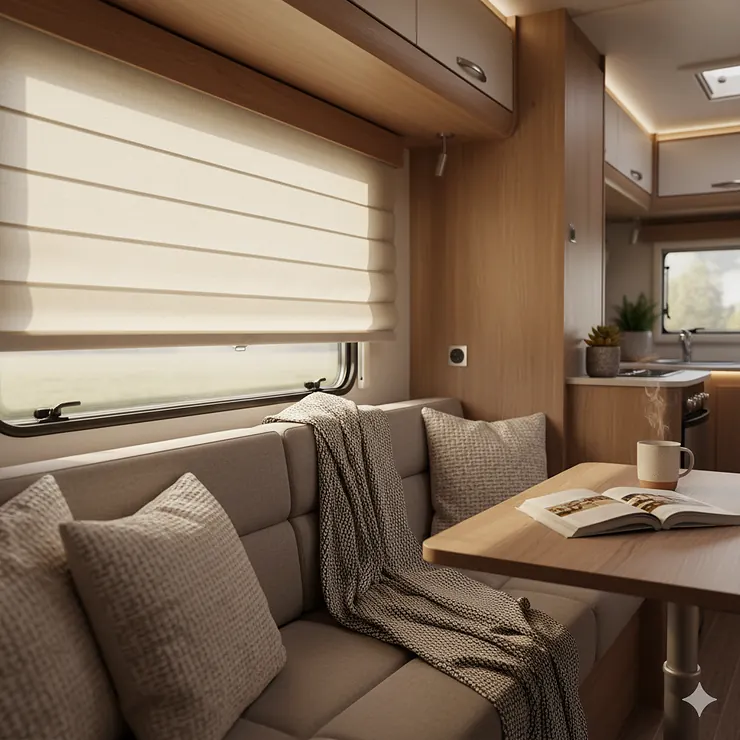 A cozy camper interior featuring modern, custom-fit roller blinds that provide privacy and block out sunlight.
