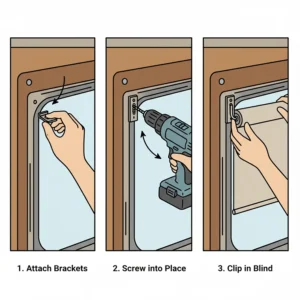 Step-by-step illustration showing the easy, DIY installation process for camper roller blinds on a window frame.
