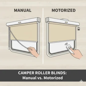 A comparative illustration showcasing the differences between manual chain-operated camper roller blinds and sleek, battery-powered motorized options.