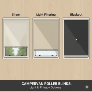 An image highlighting the different shade and privacy levels offered by various types of camper roller blinds, from sheer to complete blackout.