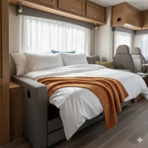 Close-up view of the camper sofa bed mattress and bedding, highlighting its transition to a full sleeping space.
