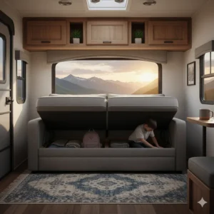Detail shot of the built-in under-seat storage compartment often found beneath a jackknife sofa in a recreational vehicle.