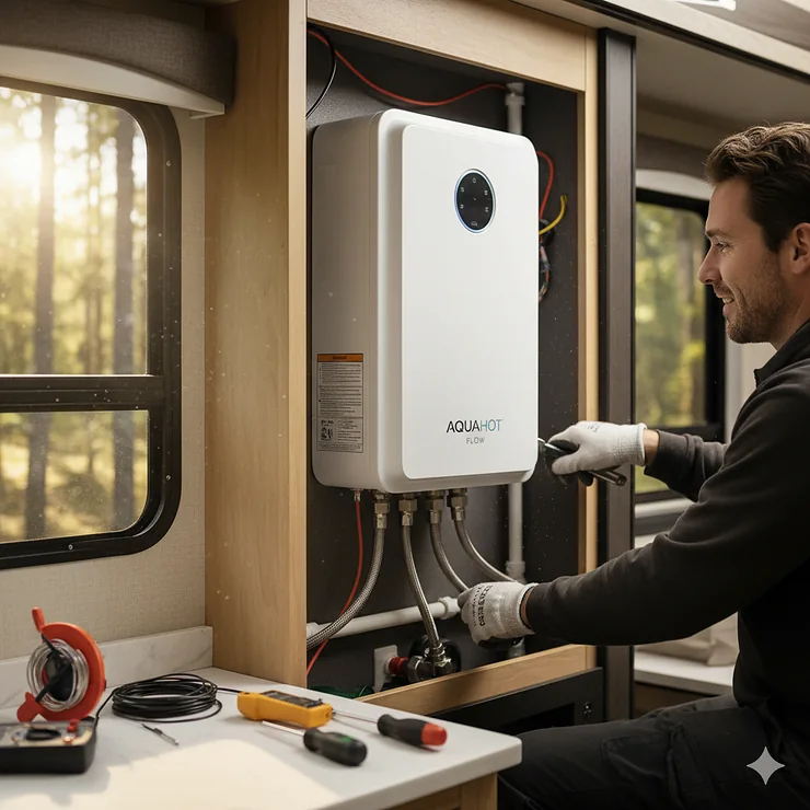 A new, modern tankless water heater being professionally installed inside a clean recreational vehicle.