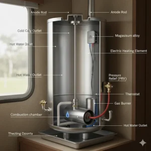A detailed diagram illustrating the key components of a camper water heater, including the heating element and thermostat.