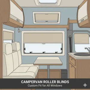 A schematic drawing of a campervan with custom roller blinds installed on both the main window and a small vent window.