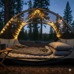 A cozy camping bedding setup inside a tent, featuring a sleeping bag, sleeping pad, and pillows for a comfortable night's sleep in the outdoors.