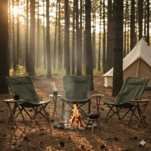 A group of durable camping chairs with tables around a campfire, perfect for family use.