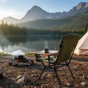 A comfortable, portable camping chair with table and cup holder set up at a scenic campsite.