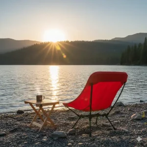 A bright red portable camping couch placed on the shore of a serene lake. The couch faces the water and is positioned next to a small table, creating a perfect spot for relaxing with a view.