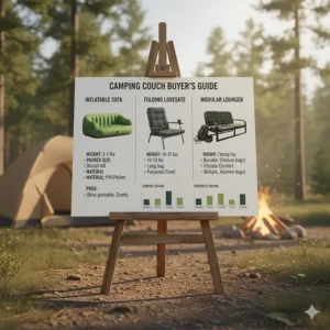 A comparison chart detailing various types of camping couches, including inflatable, folding, and modular designs. The chart compares features such as weight, packed size, and material to help buyers choose the right camping sofa.