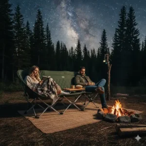 A cozy camping couch with two people relaxing by a campfire under a starry sky. The couch is placed on a durable outdoor rug, surrounded by tall pine trees, creating a perfect evening setting.