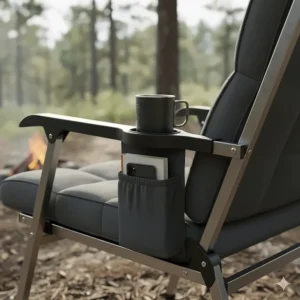 Close-up of a camping couch with built-in cup holders and a small side pocket for storing a phone or book. The image highlights the convenient features designed for outdoor comfort.