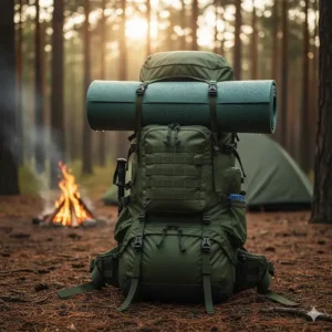 A rolled-up camping foam mat is securely attached to the outside of a hiking backpack with straps.