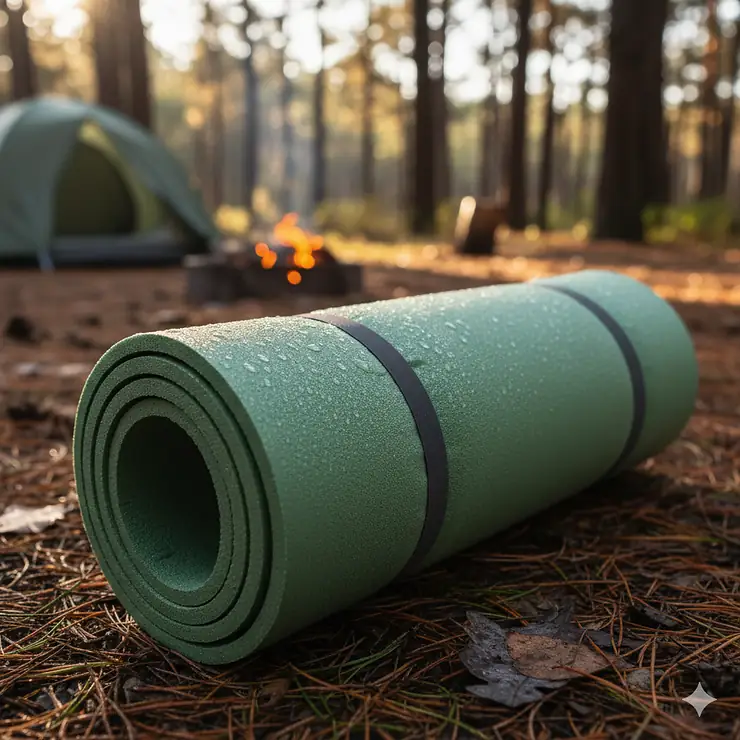 A close-up shot of a rolled-up, lightweight camping foam mat, highlighting its texture and portability.