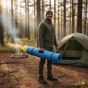 A person holding up a lightweight camping foam mat with one hand, showing how easy it is to carry while hiking.