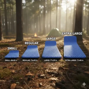 An infographic illustrating the different available sizes of a foam camping mat, from small to extra-large.